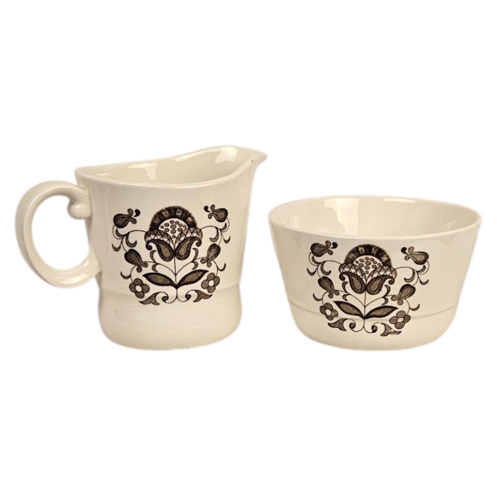 Cream and Brown Floral Ceramic Pitcher and Bowl Set​​​​